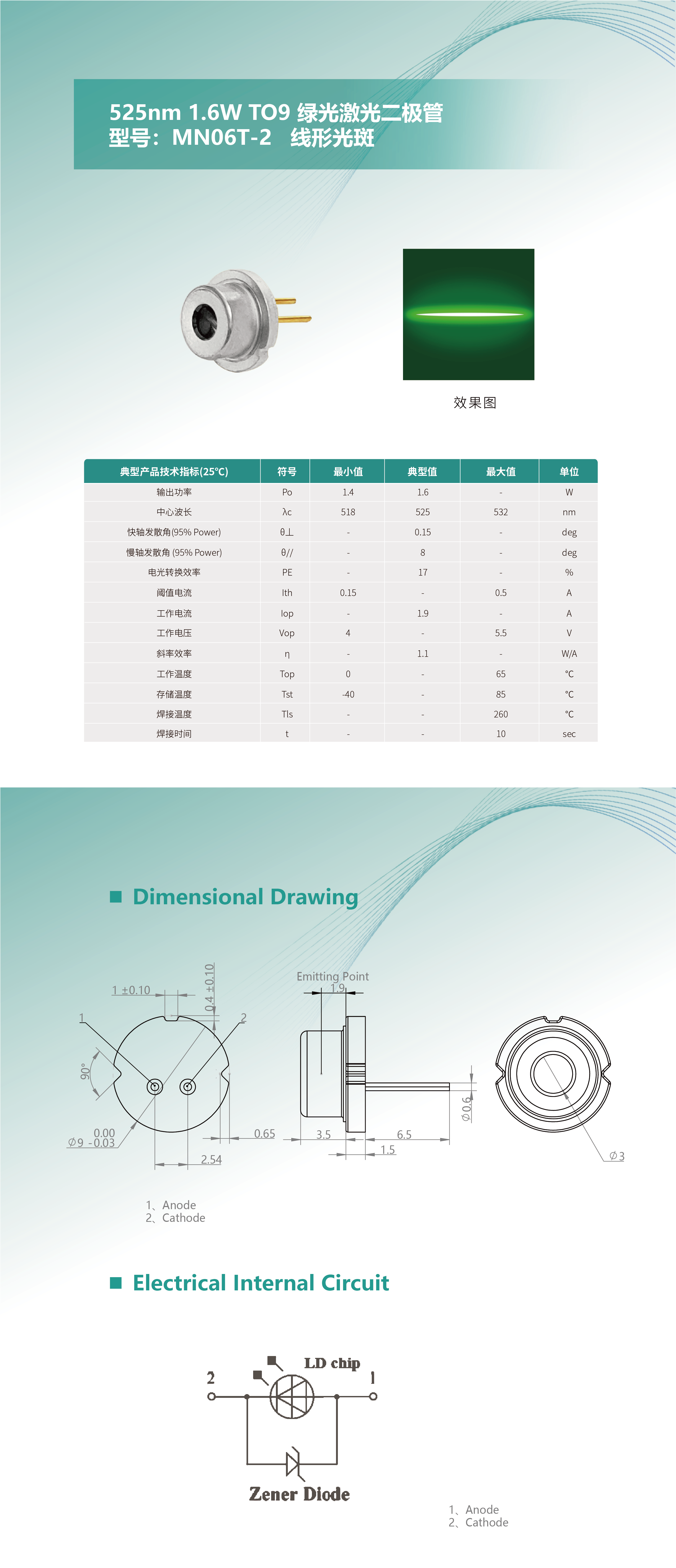 525nm 1.6W TO9 绿光激光二极管 MN06T-2 长图