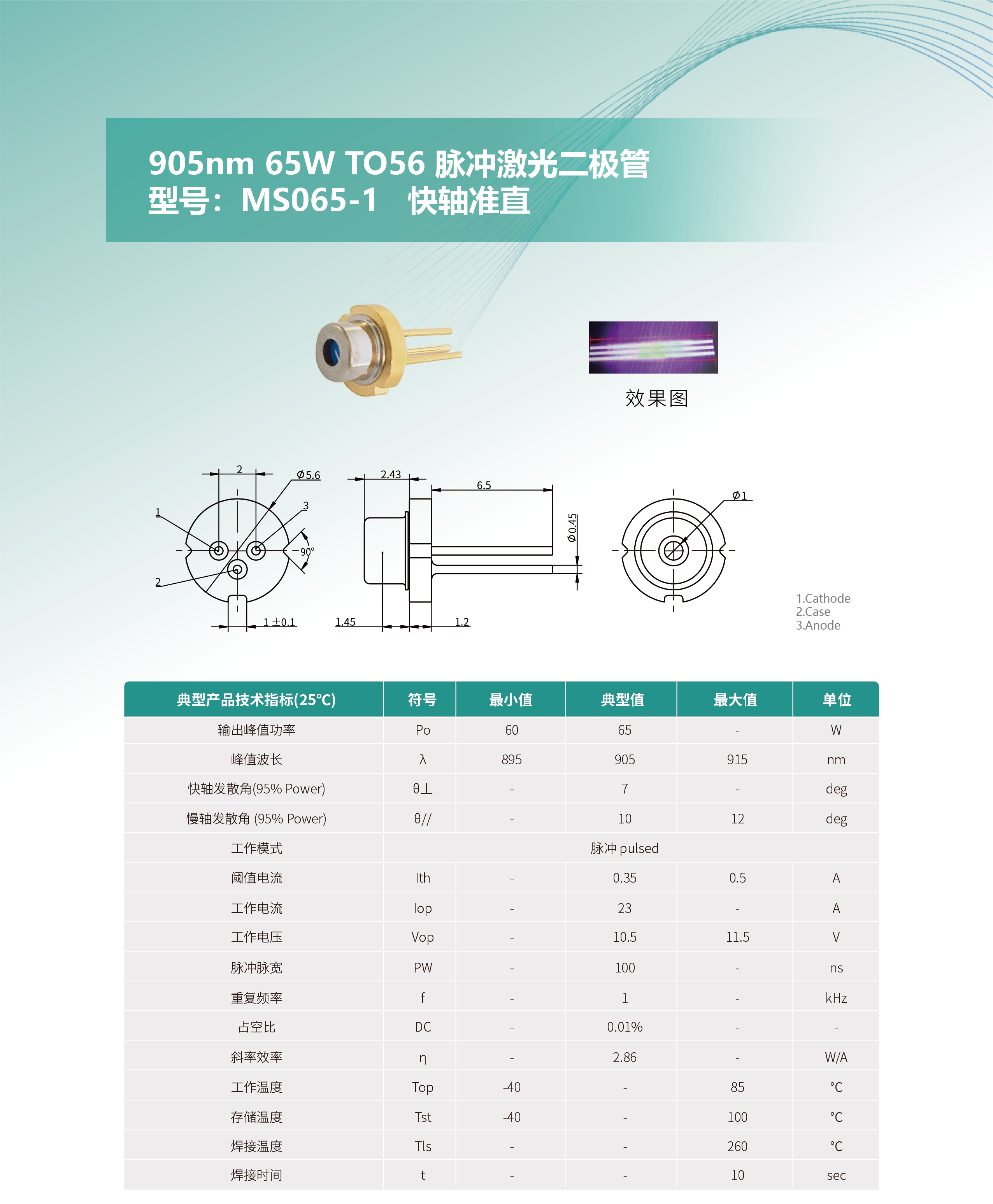 905nm 65W TO56 脉冲激光二极管 MS065-1