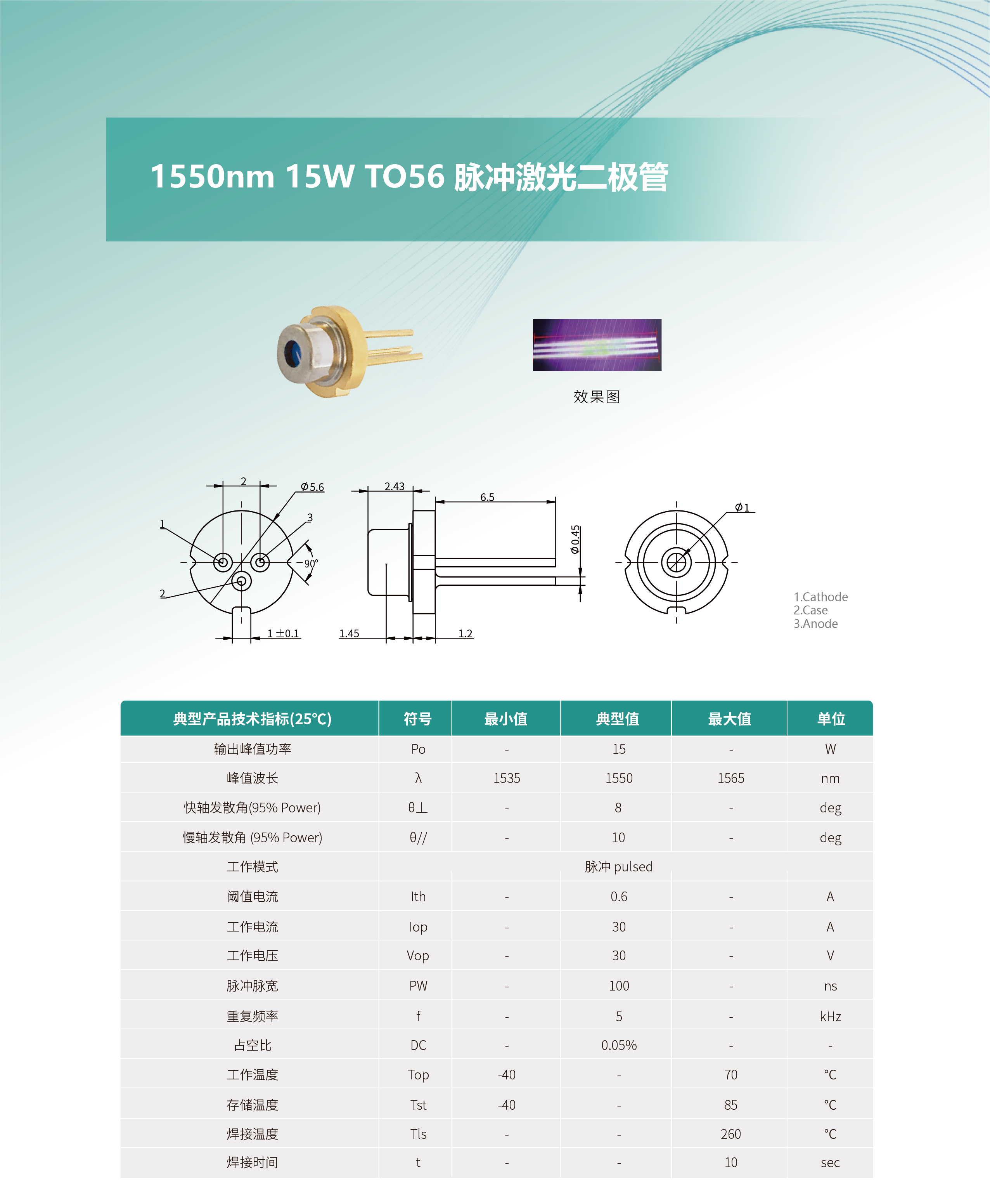 1550nm 15W TO56 脉冲激光二极管