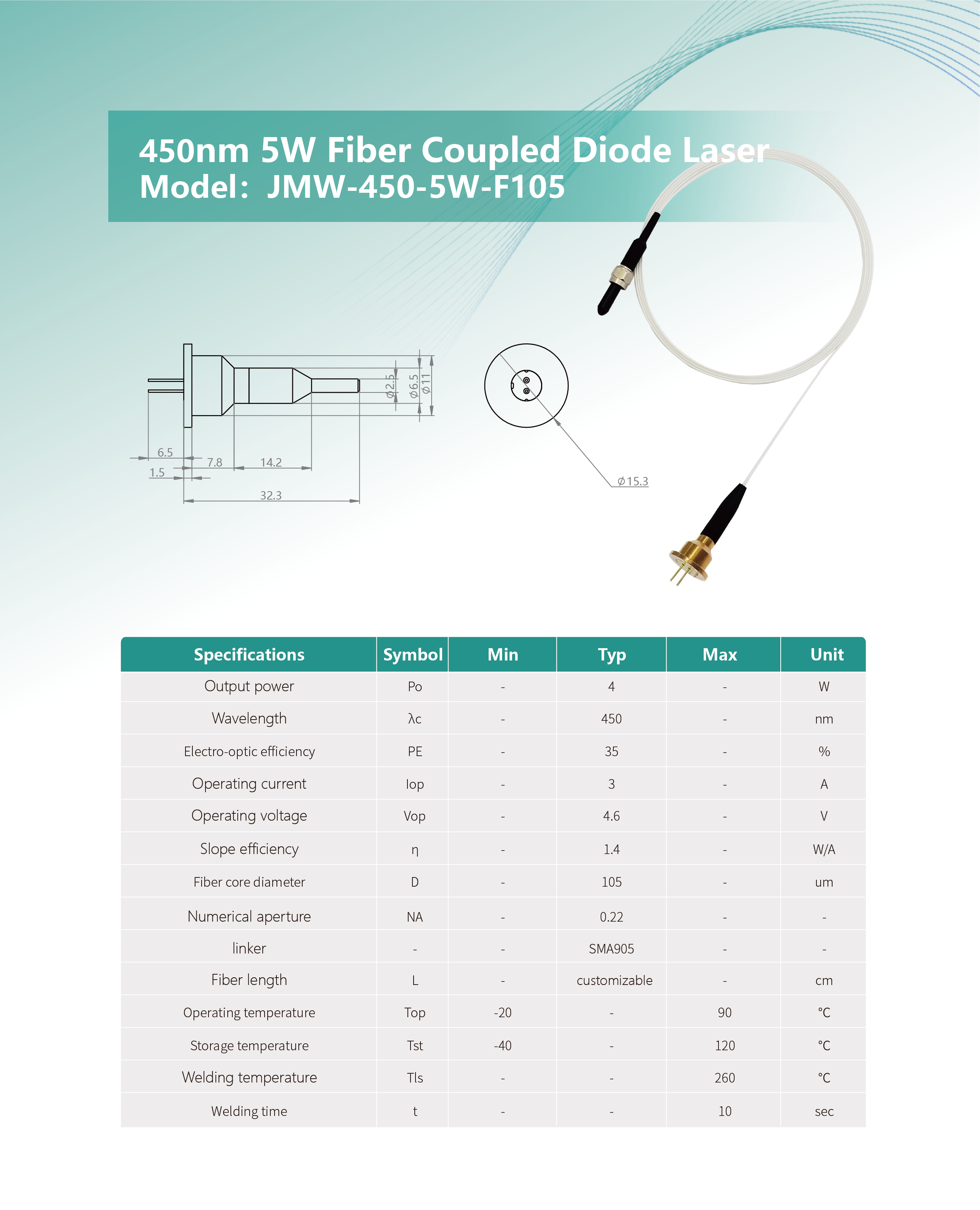 450nm 5W 光纤耦合激光器 圆头 网站 英文