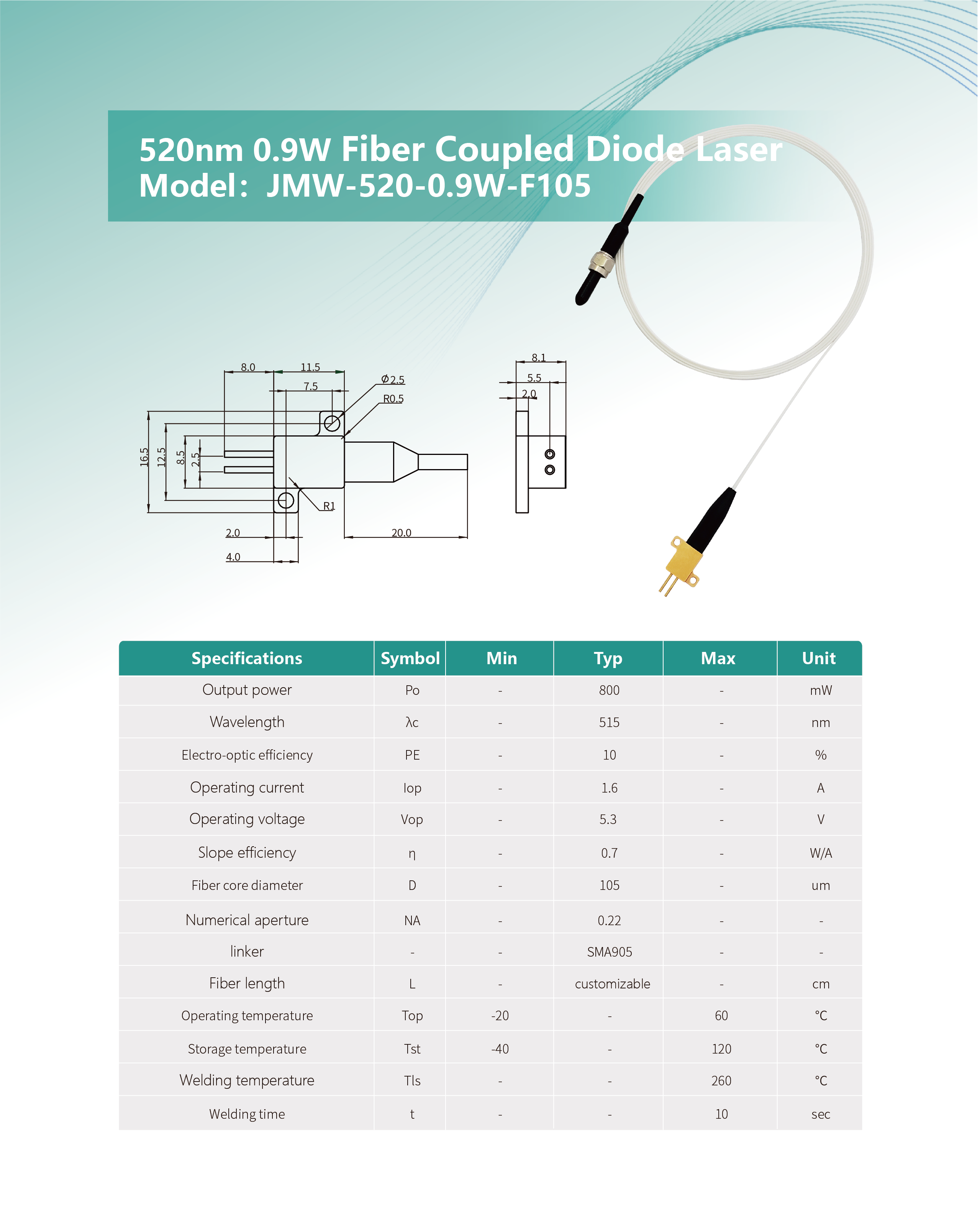 520nm 0.9W 光纤耦合激光器 方头 网站 英文