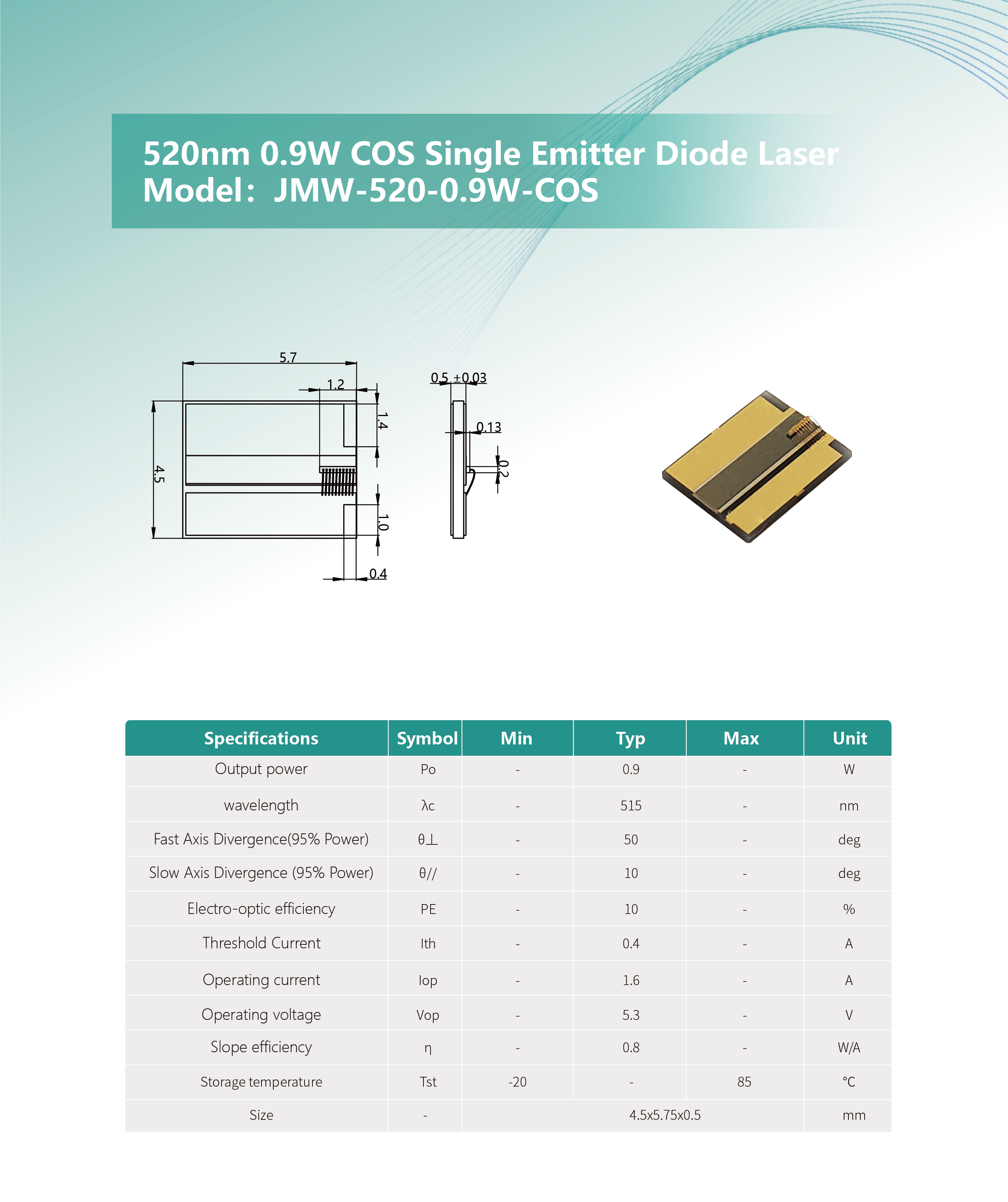 520nm 0.9W COS 封装单管半导体激光器 网站 英文