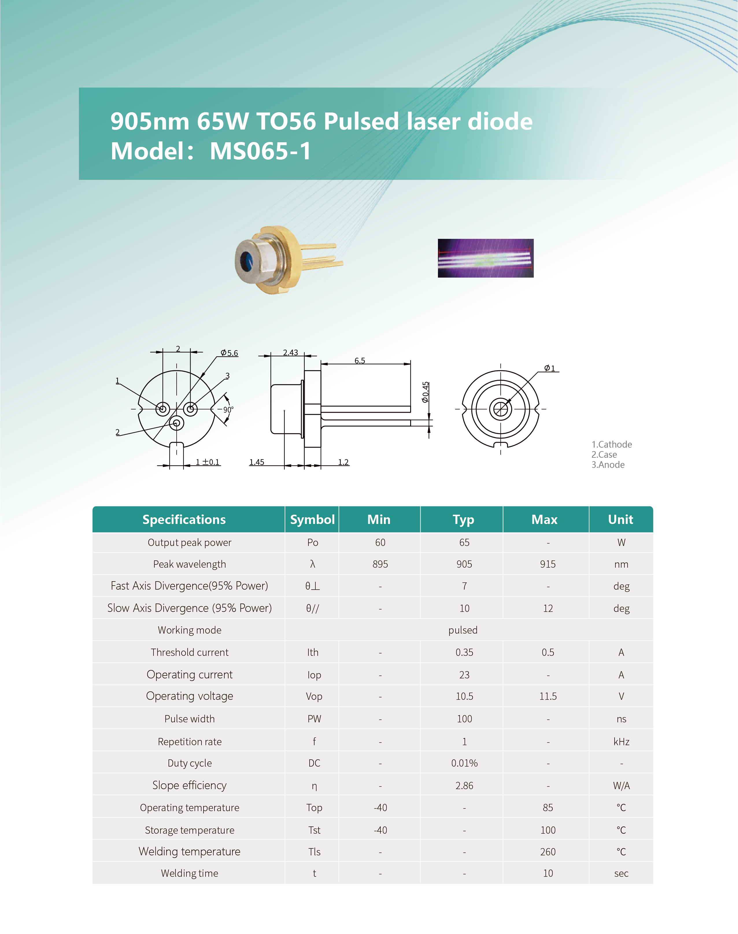 905nm 65W TO56 脉冲激光二极管 MS065-1