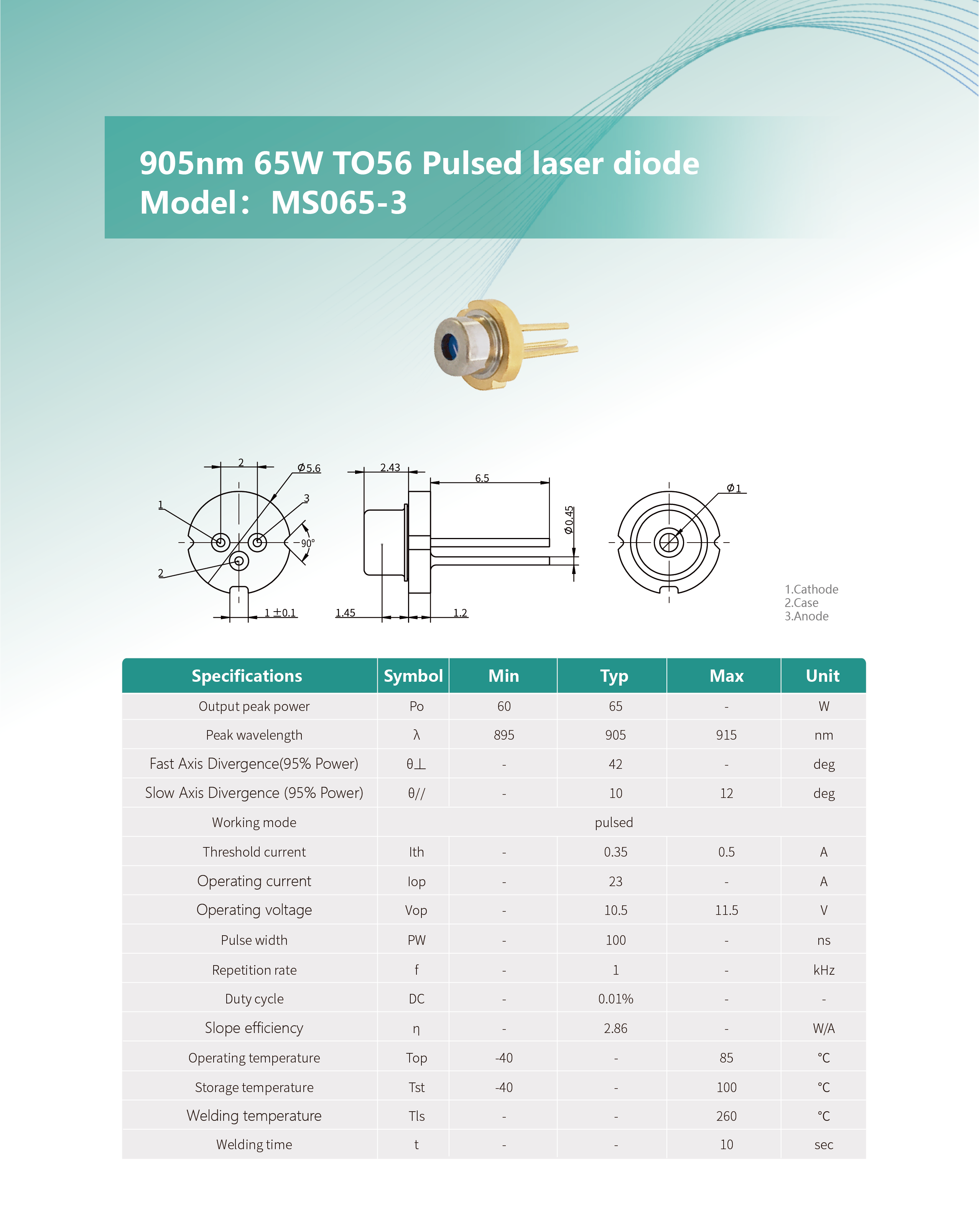 905nm 65W TO56 脉冲激光二极管 MS065-3 英文